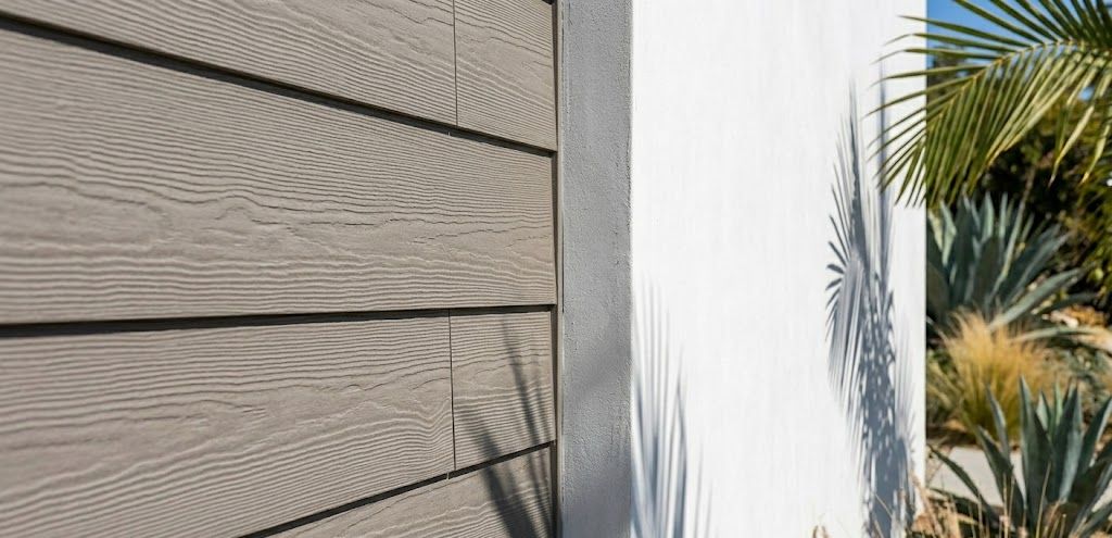 Close-up of gray wood-textured siding meeting modern white stucco cladding.